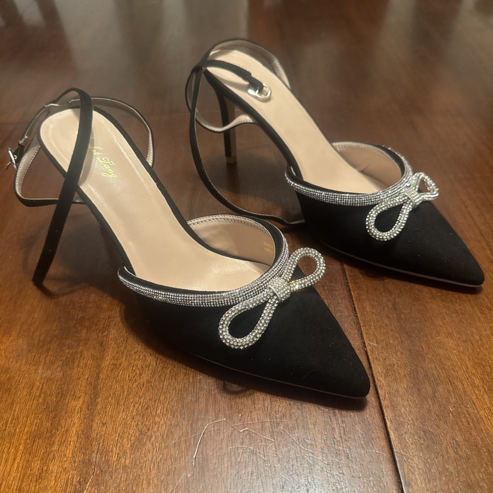 Elisabet Tang Women's Slingback Pumps Size 11 Black Rhinestone Bow Heels Elegant